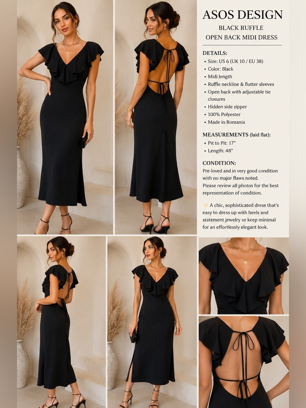 ASOS Black Ruffle Open-Back Midi Dress